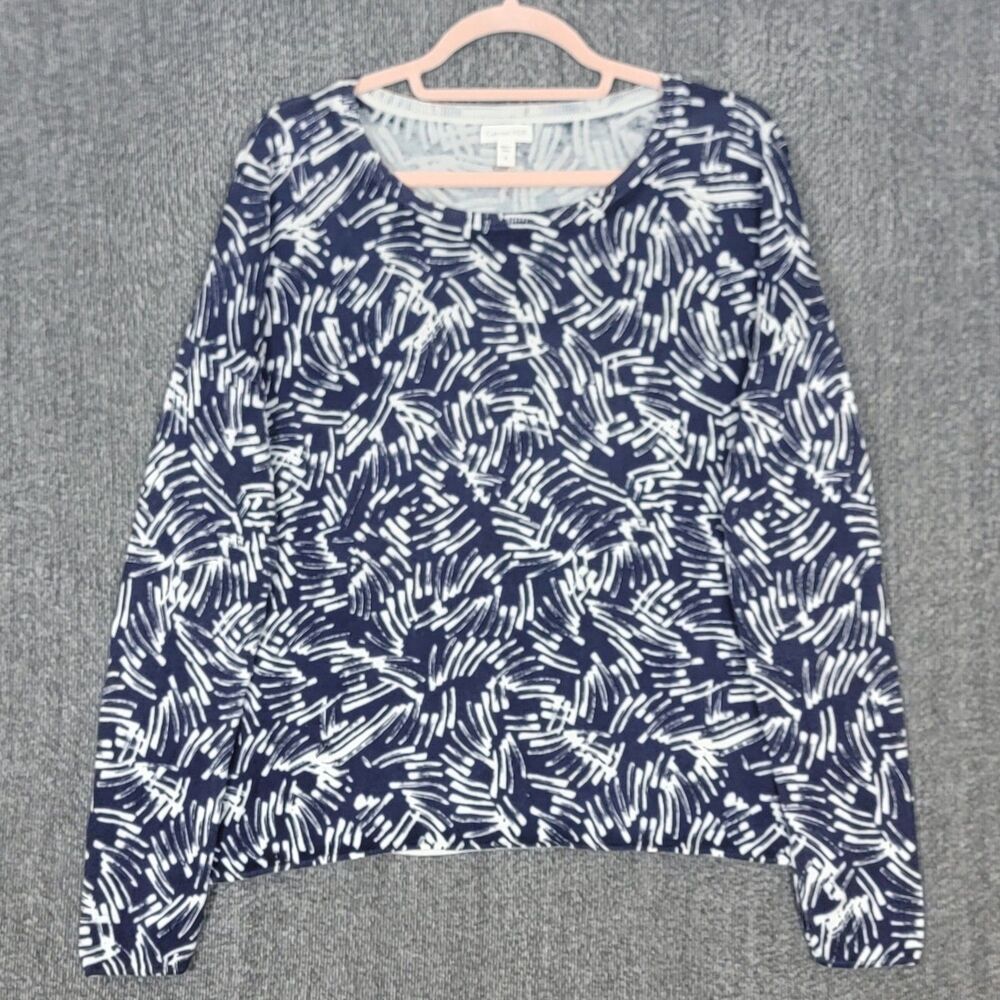 Garnet Hill Sweater Womens S Navy & White Abstract Brushstroke Silk Cotton Blend